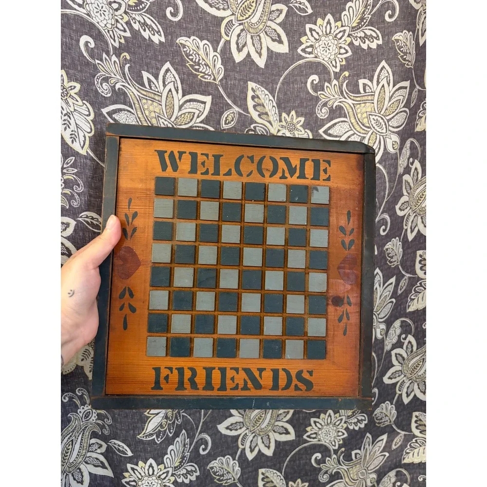 Wooden Welcome Friends Checkerboard Wall Sign Rustic Farmhouse Decor